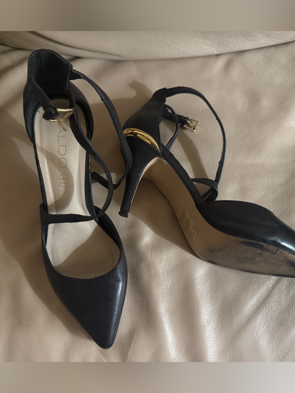 Aldo Black Pointed-Toe Ankle-Strap Heels with Gold Accent